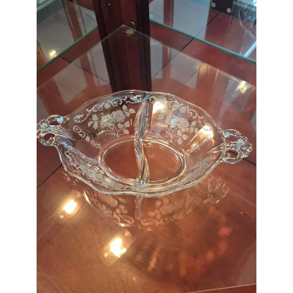 Rare Fostoria Midnight Rose Divided Relish Dish Etched Depression Glass‎ Vtg 30s
